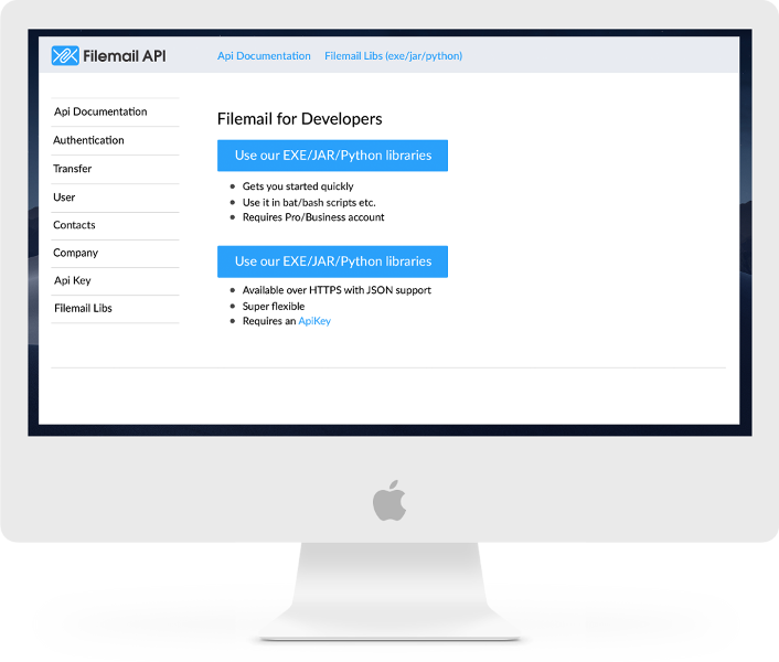 Filemail offre un ampio set di endpoint API che è possibile utilizzare per inviare e ricevere file di grandi dimensioni. Le nostre stesse App utilizzano queste API.